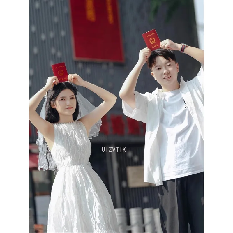 ライトウェディングドレス女性のための気質シンプルな韓国イブニングパーティードレスミディ写真撮影ウェディングドレス Vestidos デノビア