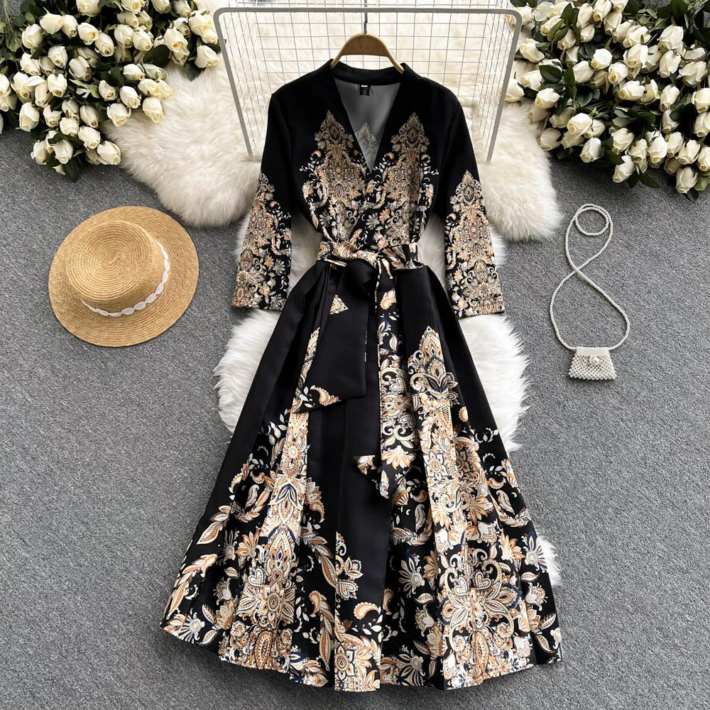 JAMERARY Designer Floral Print Holiday Dress Women Palace Style High-end Elegant Celebrity Midi Long Short Sleeve Vestidos