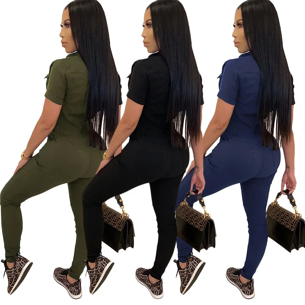 Tuta da donna autunno tinta unita estate Casual collo bavero tuta da lavoro tuta lunga da donna con bottoni Skinny Streetwear