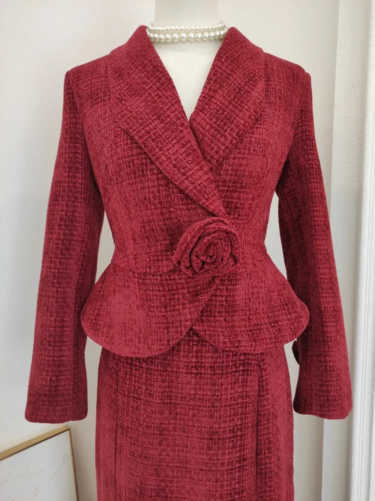 Temperamento francês socialite tweed lapela 3d flor fino plissado jaqueta de cintura alta fishtail saia longa conjuntos de duas peças feminino inverno