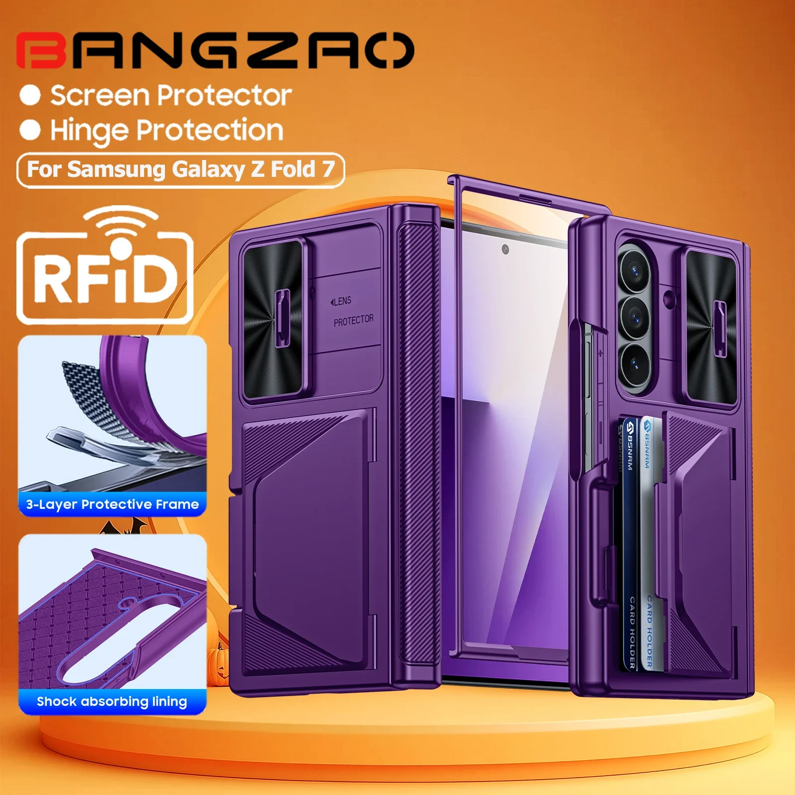 

Подарки на Хэллоуин для чехла Galaxy Z Fold 7, RFID-кошелек с держателем для карт, чехол для камеры, противоударный силиконовый защитный чехол-фиолетовый