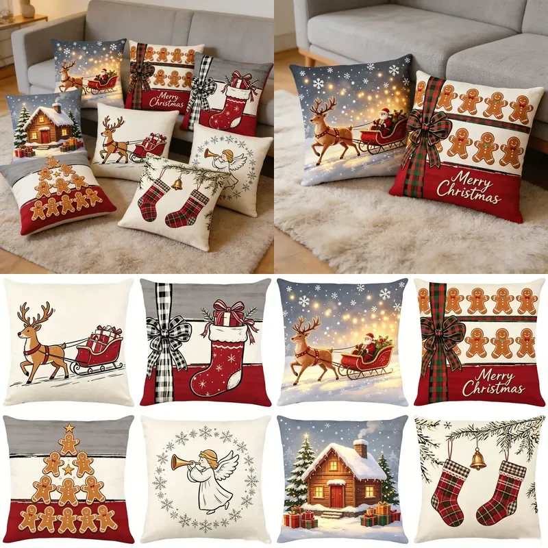 Cross-border Christmas pillow cover new elk socks snowman print cushion living room sofa decoration bed backrest