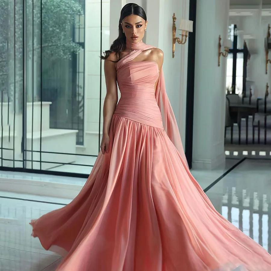 Pink Classical Evening Dress Pleats with Shawl Satin Mermaid Romantic Prom Gown Strapless Backless Robes Vestidos De Gala Custom