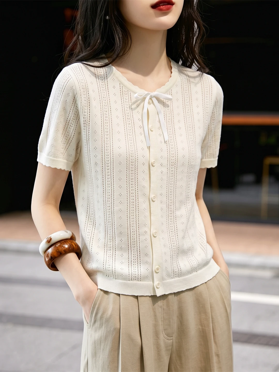 Silk Ice Single Button round Neck Short Sleeve Knitted Open Cardigan Fashionable Summer Top Gentle Wind Korean Style Straight...