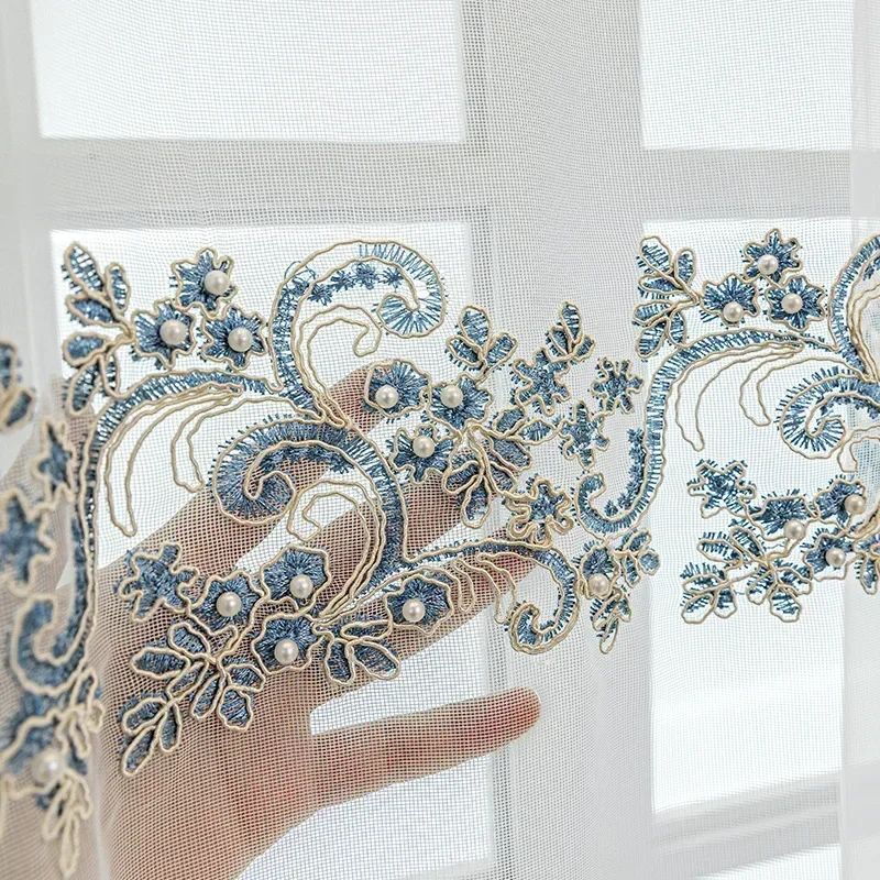 

French Blue Lace Window Screen Curtains for Living Dining Room Bedroom Balcony Korean Luxury Beaded Translucent Gauze Custom