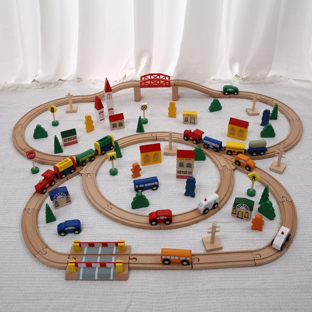 Ensemble de train en bois avec assemblage coulissant sur rail, blocs de construction en bois, voiture sur rail pour enfants, voiture jouet, garçon