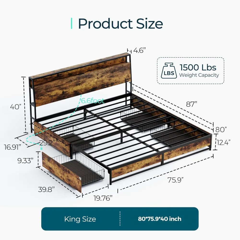 King Size Bed Frame with 4 Storage Drawers ，King Bed with Charging Station & LED Lights, Metal Bed Frame Noise Free