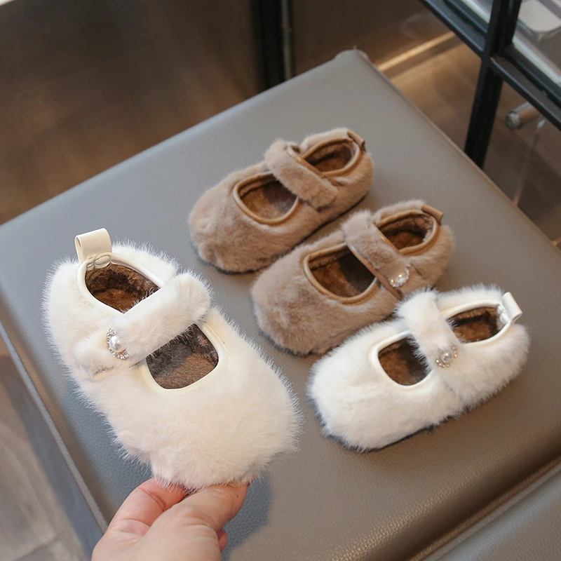 *Baby Girls New Fashion Winter Crystal Elegant Plus Velvet Flat Shoes Kids Lightweight School Cute Warm Walking Shoes Zapatos