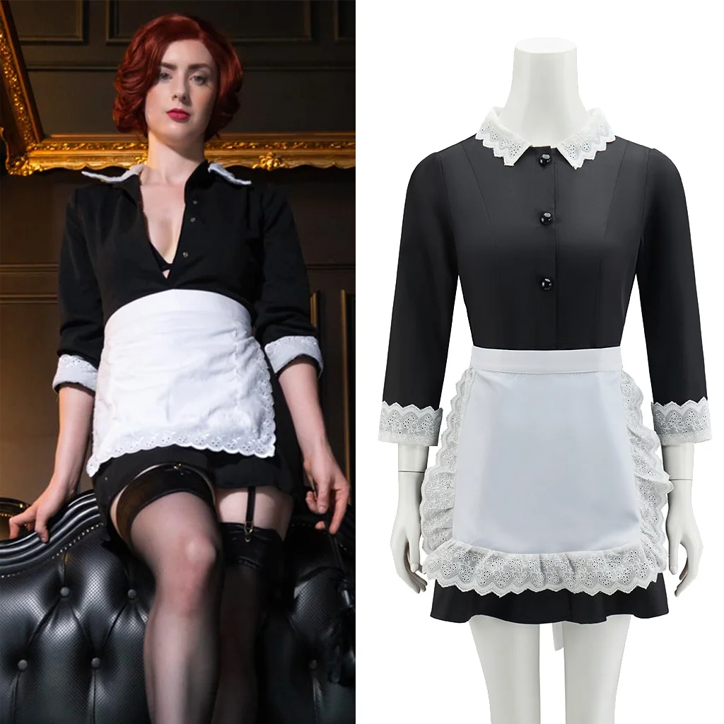 مدبرة المنزل مويرا أوهارا تأثيري حلي فستان خادمة مع المئزر مجموعة الرعب مويرا الفرنسية خادمة الزي النساء ملابس الهالوين