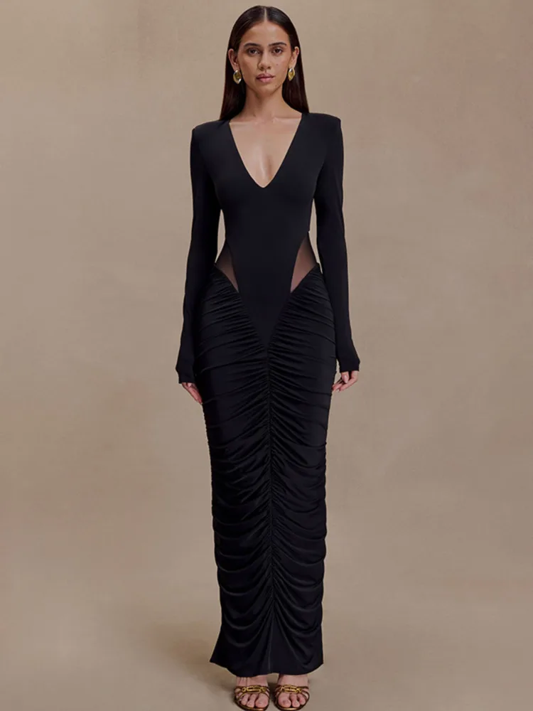 القطب الشمالي مثير العميق الخامس شبكة المرقعة Bodycon فستان أنيق مطوي المرأة سليم فستان طويل الخريف الشتاء نادي الحفلات ثوب مسائي