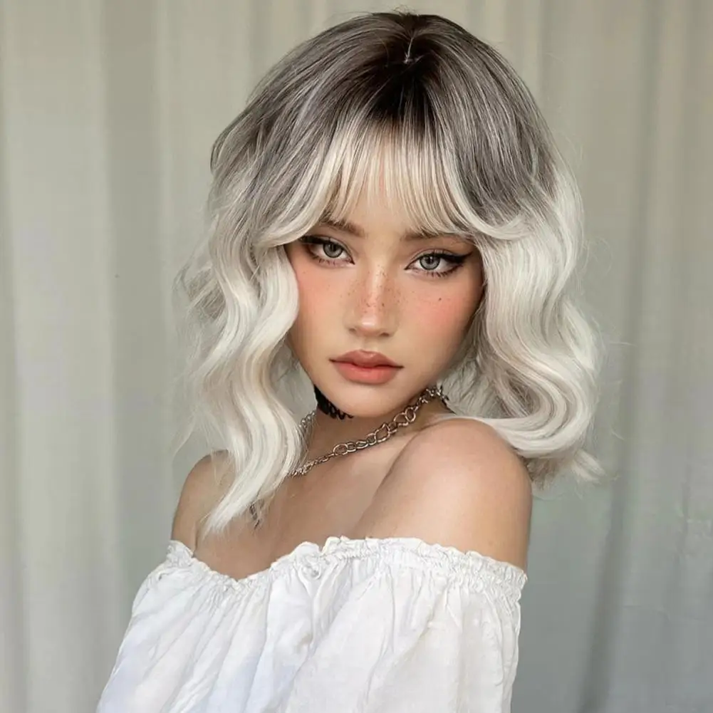 

Women Grey Wavy Bob Wigs with Bangs Short Blonde Ombre Synthetic Wig With with Dark Roots Natural Hair for Daily Use