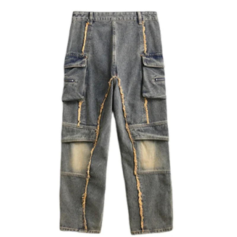 

Новые мужские джинсы-карго в стиле ретро с эффектом потертости, свободного кроя, с множеством карманов, прямые, больших размеров, из денима