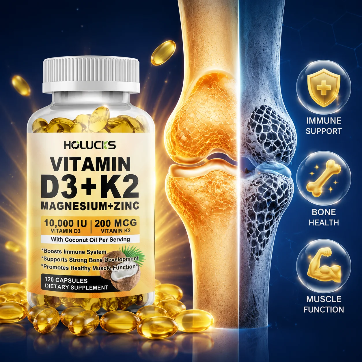 Advanced D3+K2 Capsules, with Magnesium, Zinc, for Muscle Relaxation, Strengthen Immunity, Bone Density, Daily Performance