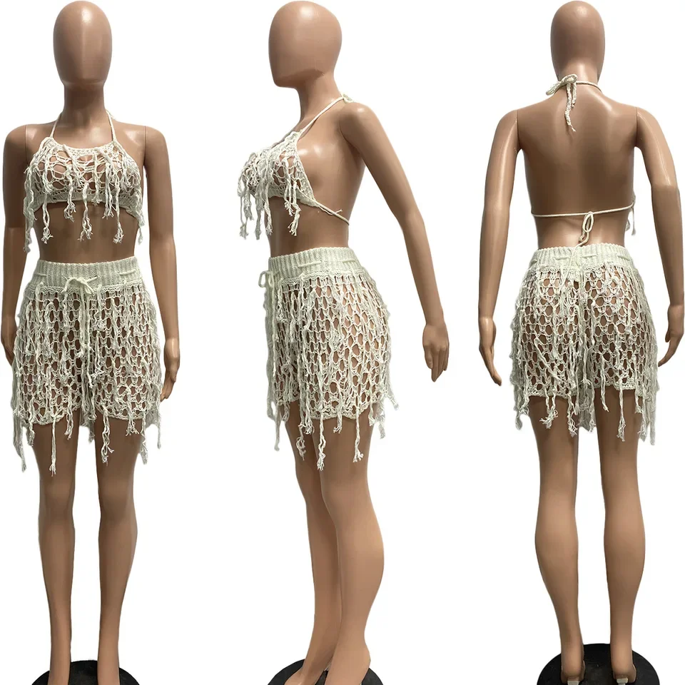 Conjuntos de duas peças das mulheres outfit 2024 verão novo sexy cinta espaguete colheita crochê topo & moda borla design shorts conjunto casual