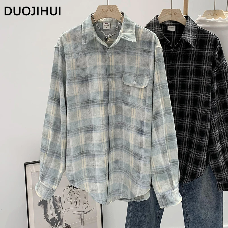 DUOJIHUI American Vintage Chicly Polo Neck Simple Women Shirt Autumn Classic Plaid Fashion Spell Color Loose Casual Female Shirt