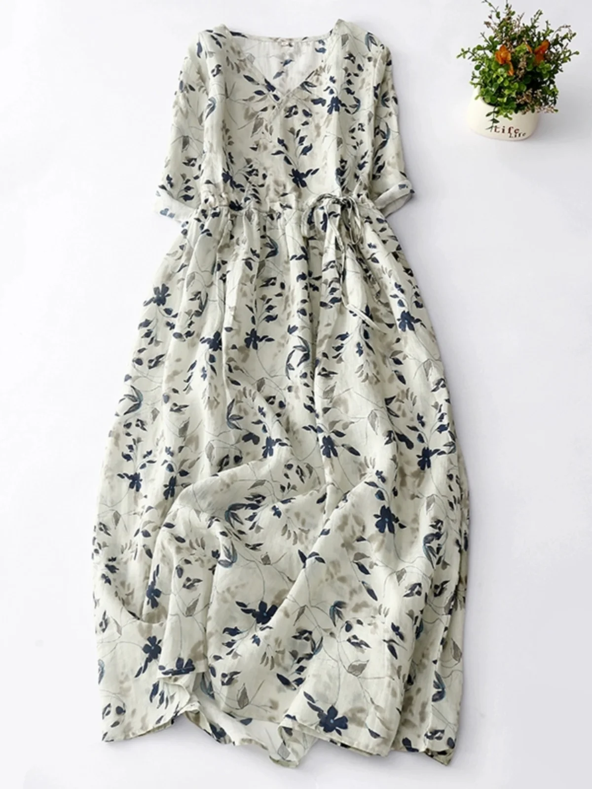 Nuevo Vestido de Cáñamo Estilo Chino hasta la Rodilla, Falda Floral de Aodón y Lino a la Moda para Mujer, Deado para Vera...