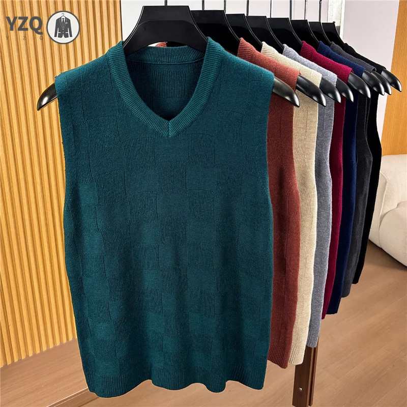 V Neck Sleeveless Jacquard Knit Vest For Men Soft Texture Knitwear Business Casual Sweater Tank Top Autumn Layering Clothes