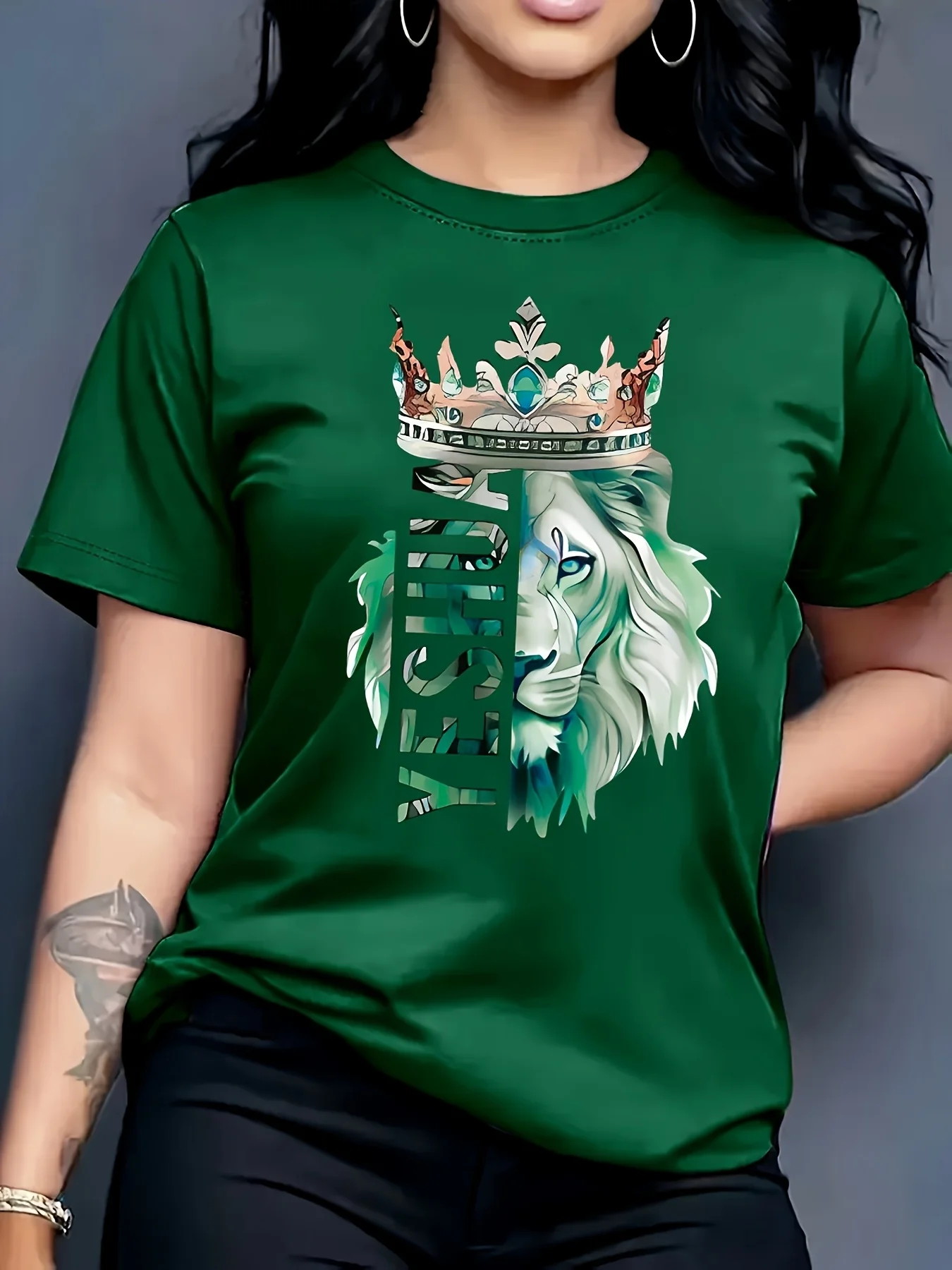 Women's Short Sleeved Lion Crown T-shirt Cartoon Print Round Neck Women's Tshirt Fashionable Commuting Vacation Daily Casual Top