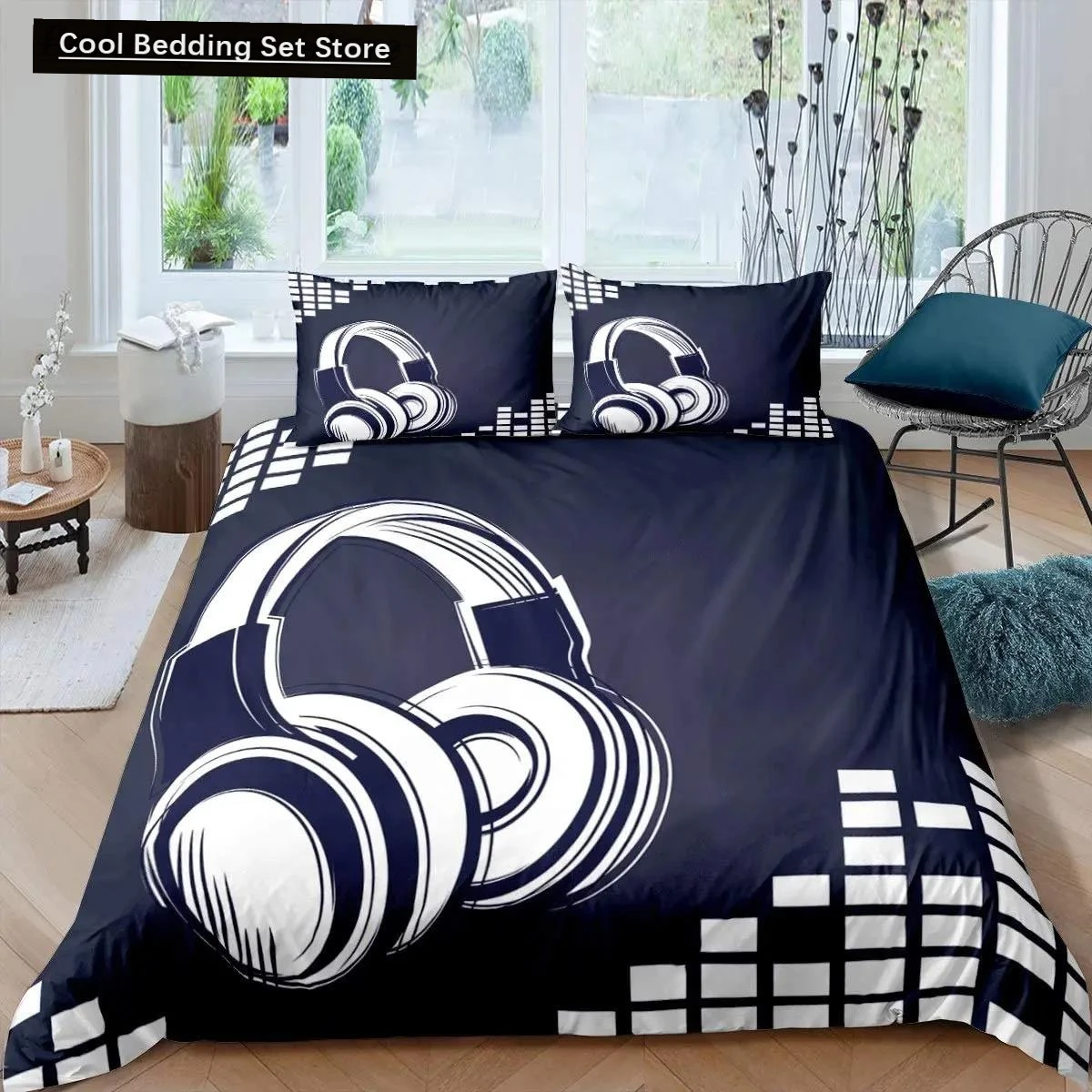 

Headphone Printed Duvet Cover Set Musical Geometric Pattern Comforter Cover Boys Teens Double Queen King Polyester Qulit Cover