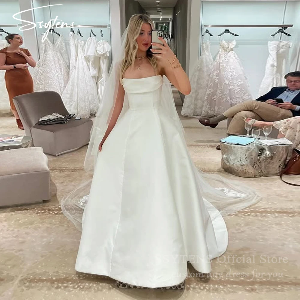 

SSYTENS lvory Satin Wedding Dress Strapless A Line Formal Occasion Dresses Sweap Train Bride Gowns Customized