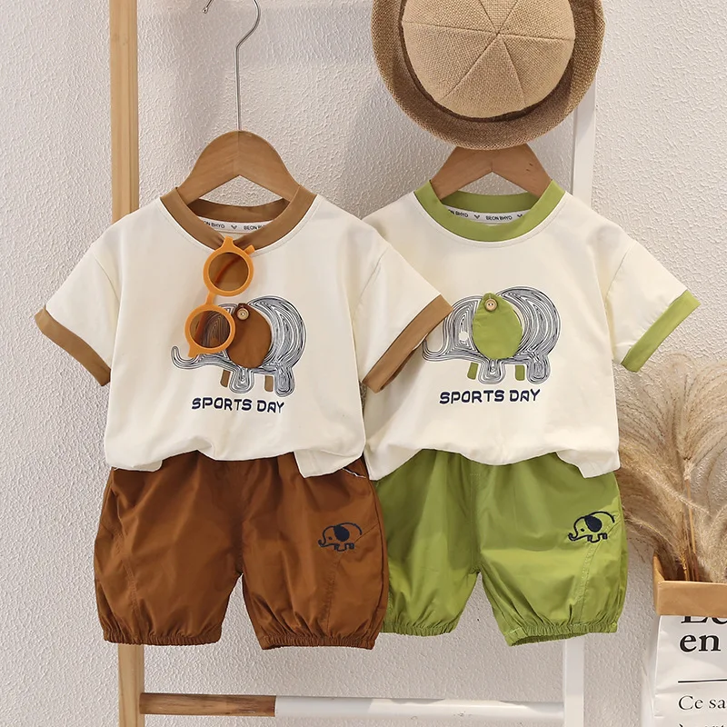 2025 New Summer Boys' Casual Style Set O Neck Elephant Printed Tee and Shorts Kids 2pcs Suit Children's Clothes Outfit