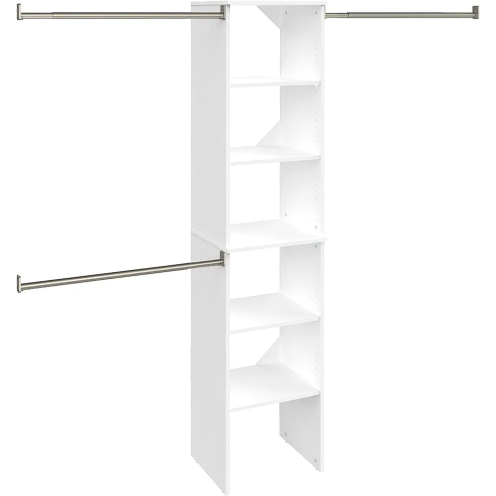 SuiteSymphony Wood Closet Organizer Starter Kit with Tower and 3 Hang Rods, Shelves, Adjustable, Fits Spaces 4 – 9 ftWide,