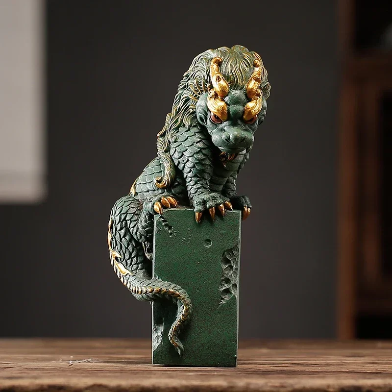 Chinese auspicious beast Panlong home decoration ornaments living room office wealth attraction entrance green gauze stoneCrafts