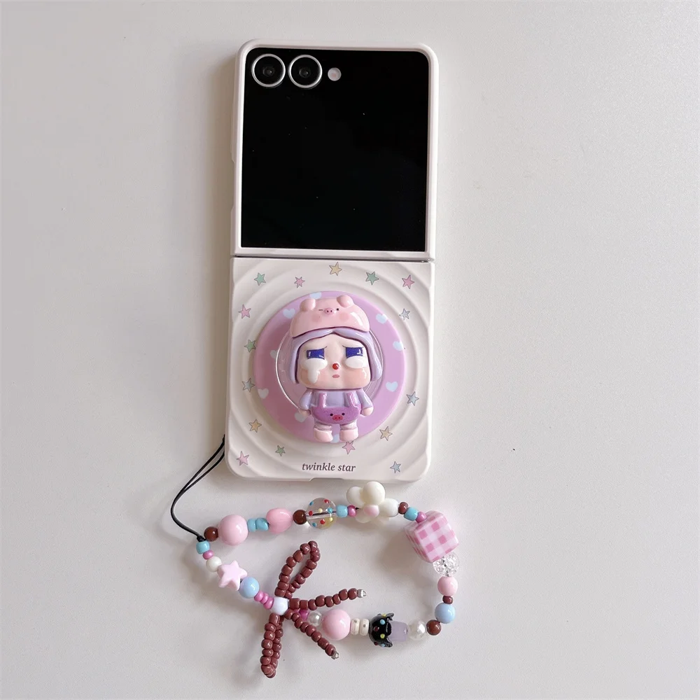 Adequado para Samsung Galaxy Z Flip7 Flip6 Flipp5 4 3 5G elegante capa de telefone menina chorando, com pulseira, proteção anti-queda