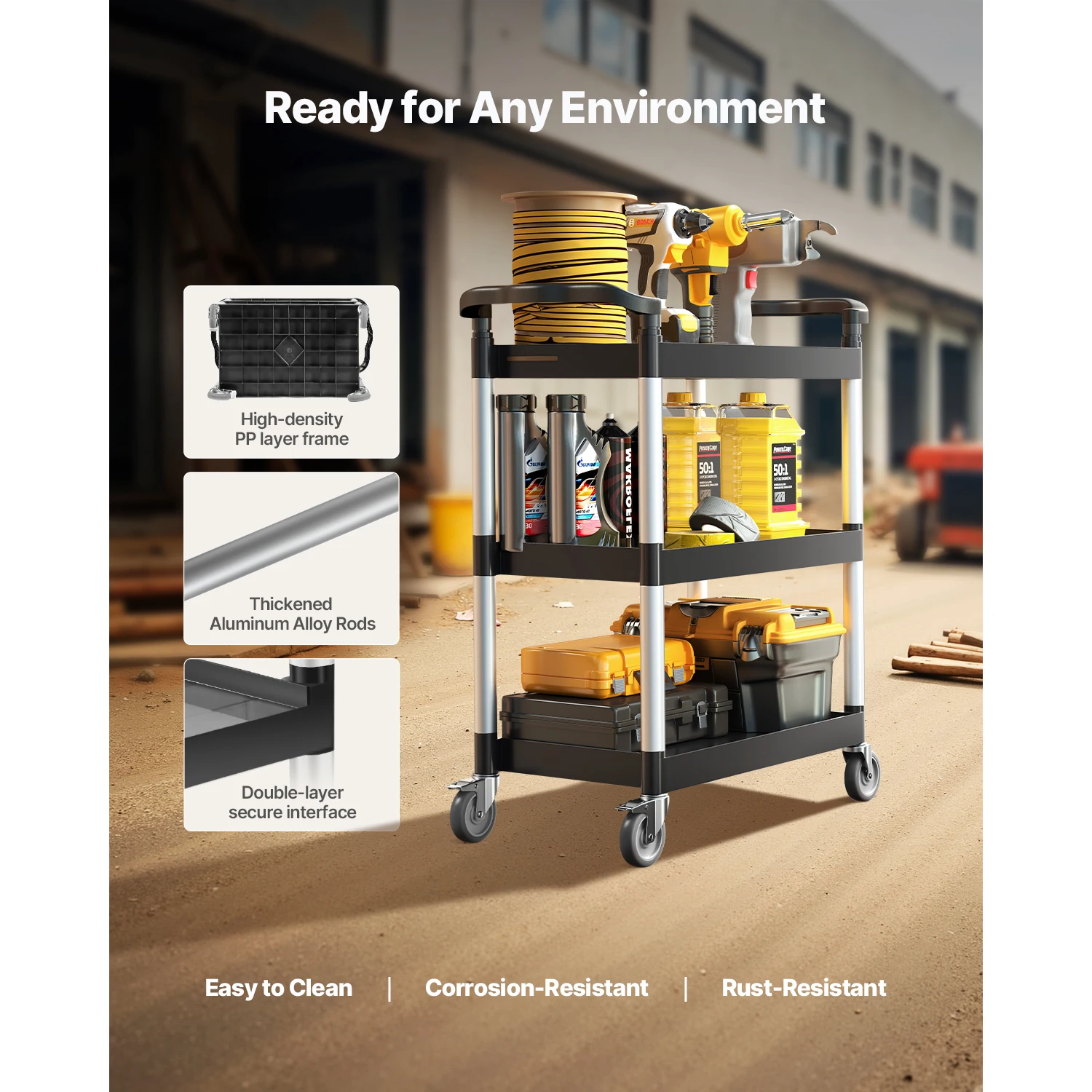 SucceBuy 3-Tier 300/500Lbs المتداول عربة المرافق تخزين الرف مع عجلات دوارة عربة خدمة الطعام للحمام المطبخ المكتبي