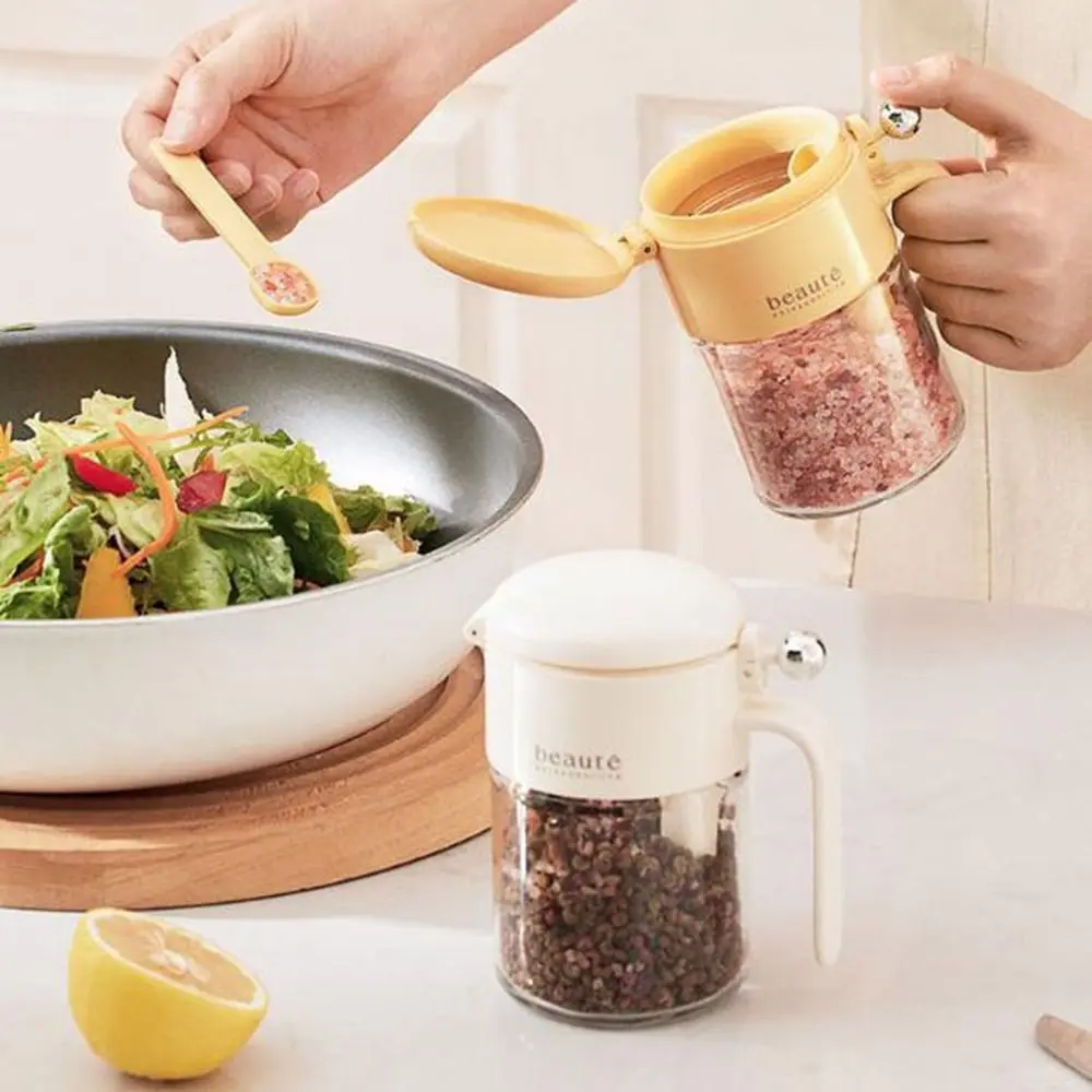 

400ml Glass Seasoning Jar Push Type Large Capacity Sealed Seasoning Jar with Spoon Moisture-proof Sugar and Salt Container