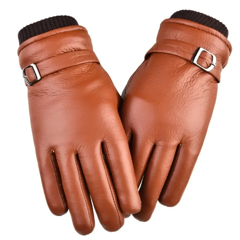 Leather Gloves Men\'S Winter Fleece Outdoor Riding Water Repellent Anti Slip Driving Warm Motorcycle Gloves