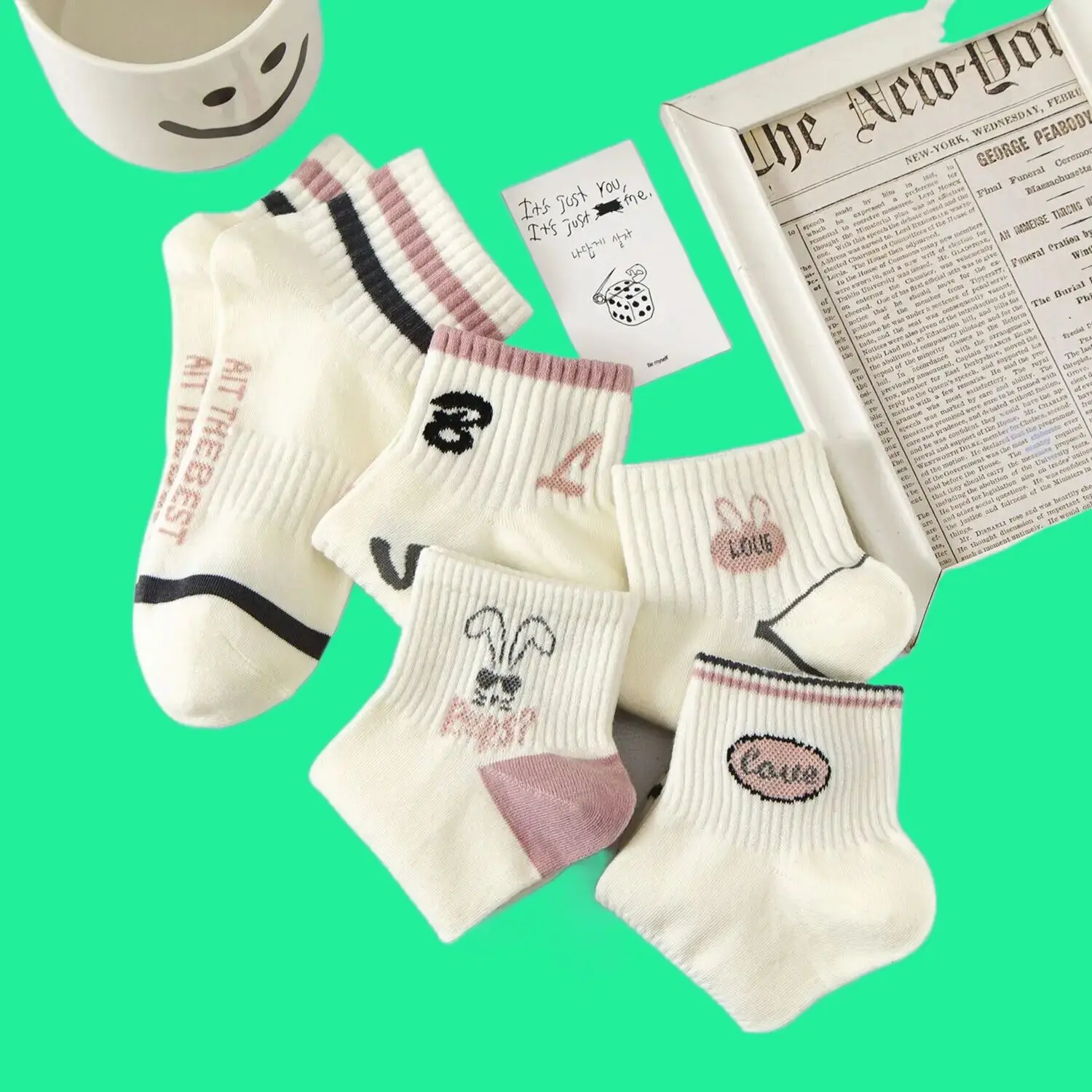 Chaussettes de sport en coton lapin rose pour femmes, chaussettes à bouche peu profonde pour étudiants, chaussettes carillon roses, haute qualité, nouveau, 5/10 paires