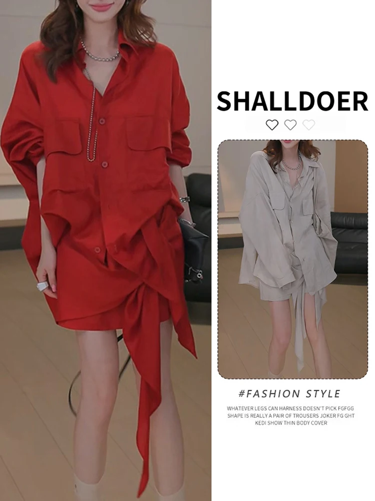

Casual Style Pure Color Shirt Design Sense Belted Asymmetrical Short Skirt Roman Holiday Simple Fashion Women's Set Summer 2026