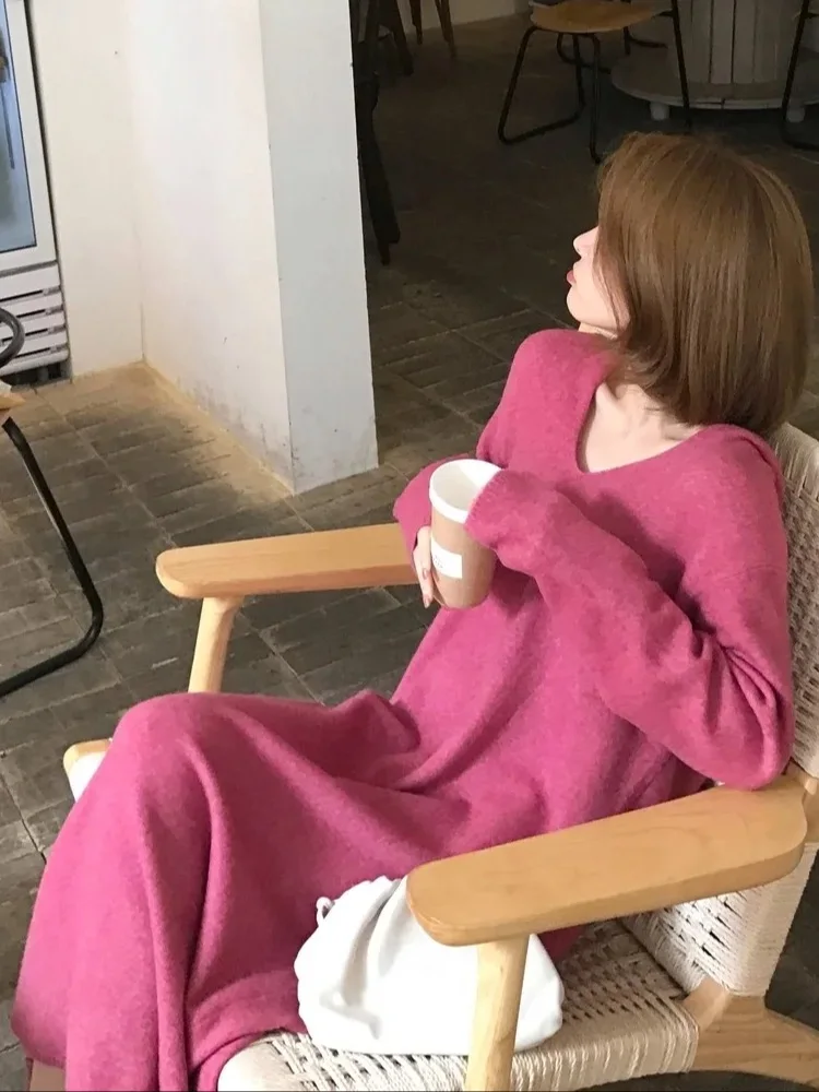 Vestido suéter elegante para mujer, jersey de lana merina 100 con capucha y cuello en V, ropa de punto para otoño e invierno, falda larga recta, vestido largo informal