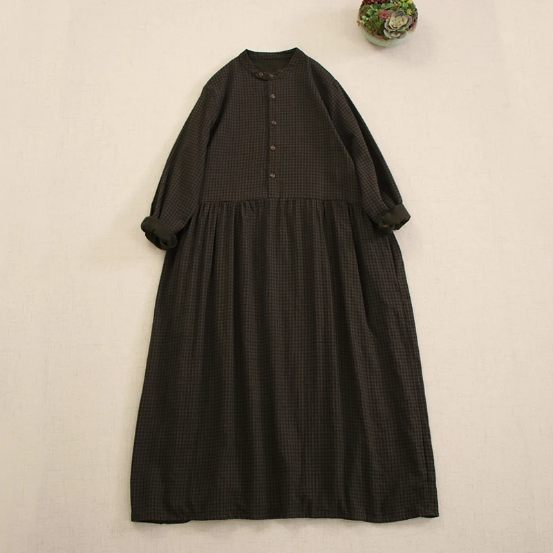 Vestido de algodón a cuadros para mujer, prenda de manga larga con cuello medio abierto, informal, holgada, estilo japonés Mori, Vintage, novedad de otoño