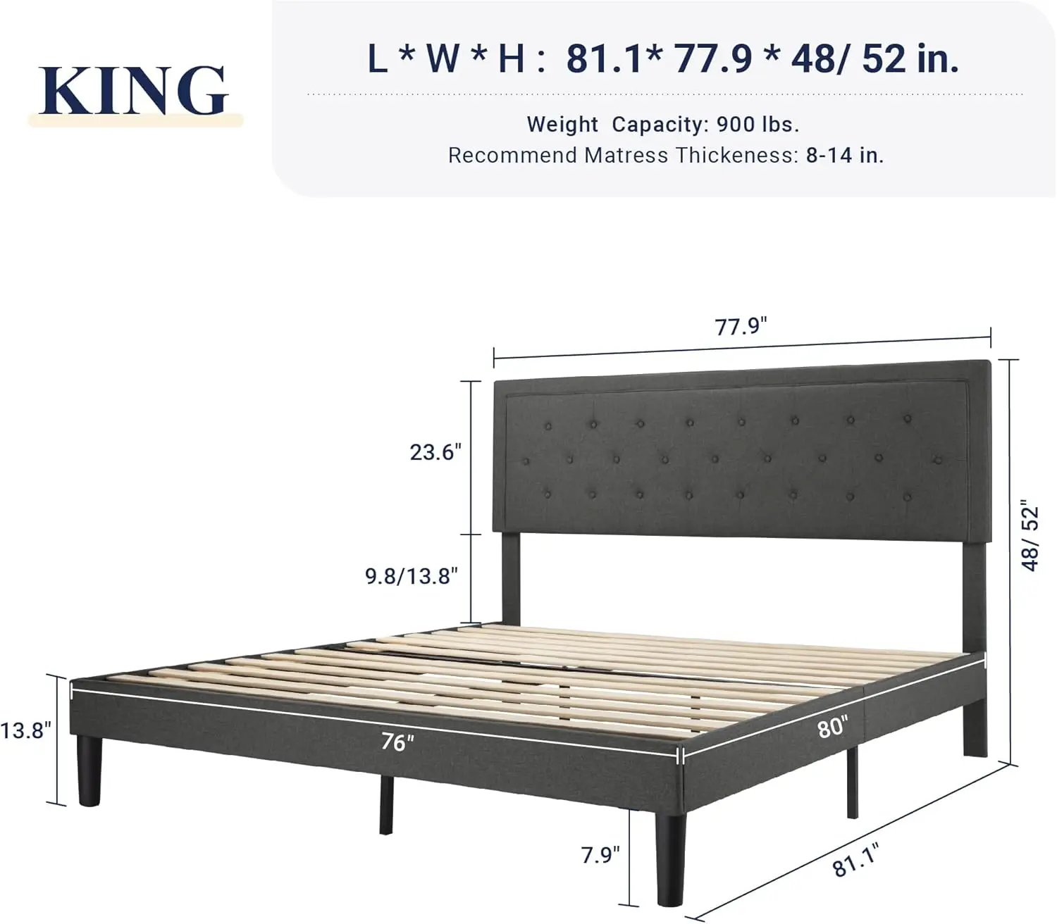 Allewie King Size Platform Bed Frame/Fabric Upholstered Bed Frame With Diamond Button Tufted Headboard/Adjustable