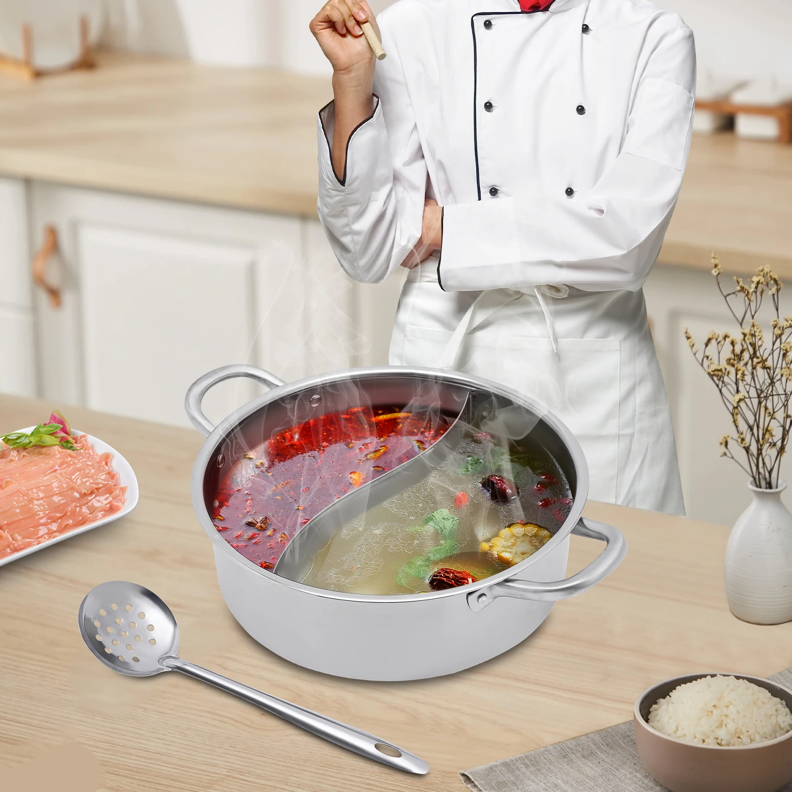 Pentola per hot pot a doppio scomparto in acciaio inox 304 da 30 cm, pentola shabu con coperchio in vetro e set di cucchiai, adatta per cucina a induzione, per casa, famiglia e ristorante.