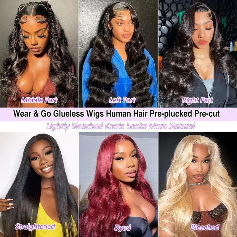 Glueless Human Hair Wig 7x6 Lace Closure Natural Black Adjustable Drawstring Pre-Plucked Hairline Body Wave Wigs 40 46 Inch HD Lace Frontal Human Hair Wigs For Women Pre Plucked 220% Density - view 7