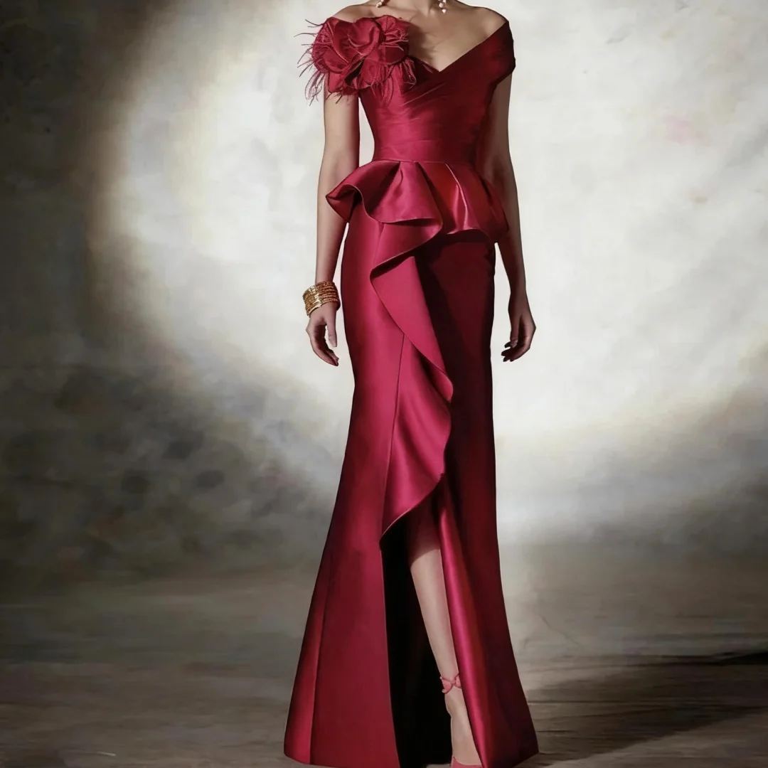 

Elegant Burgundy Long Mother Of The Bride Dresses Formal Wear Side Split V-Neck Satin Wedding Party Dress For Women Customized