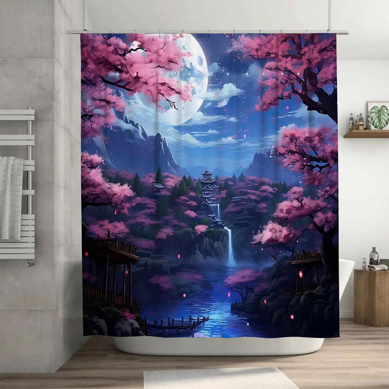 

‌Enchanting Japanese Garden Cherry Blossoms Full Moon Night‌ ‌Mesmerizing Scenery Waterproof Shower Curtain Bathroom Decor