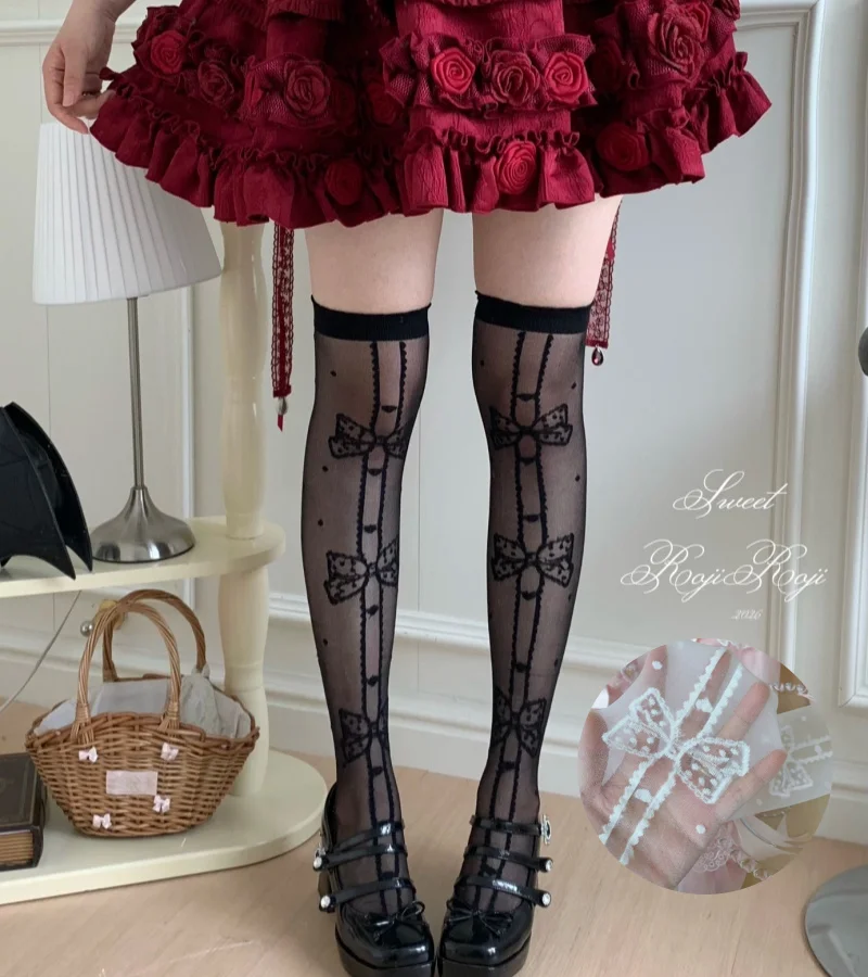 Japanese Original Lolita Lace Bow Socks women's Summer Mid-calf Sheer Glass Fiber Short Socks Harajuku Over-the-knee KC Socks
