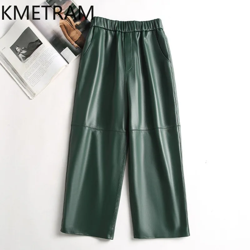 KMETRAM 100% Quality Sheepskin Genuine Leather Pant Woman Wide Leg Pants for Woman Cropped Straight Trousers High Waist Штаны