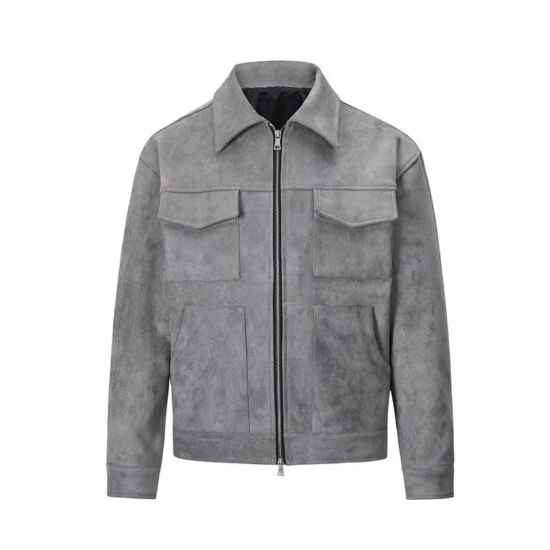 Autumn Jackets Oversize Casual Clothes High Street Pockets Laper Zipper Suede Thick Coat Mens Windbreaker Loose