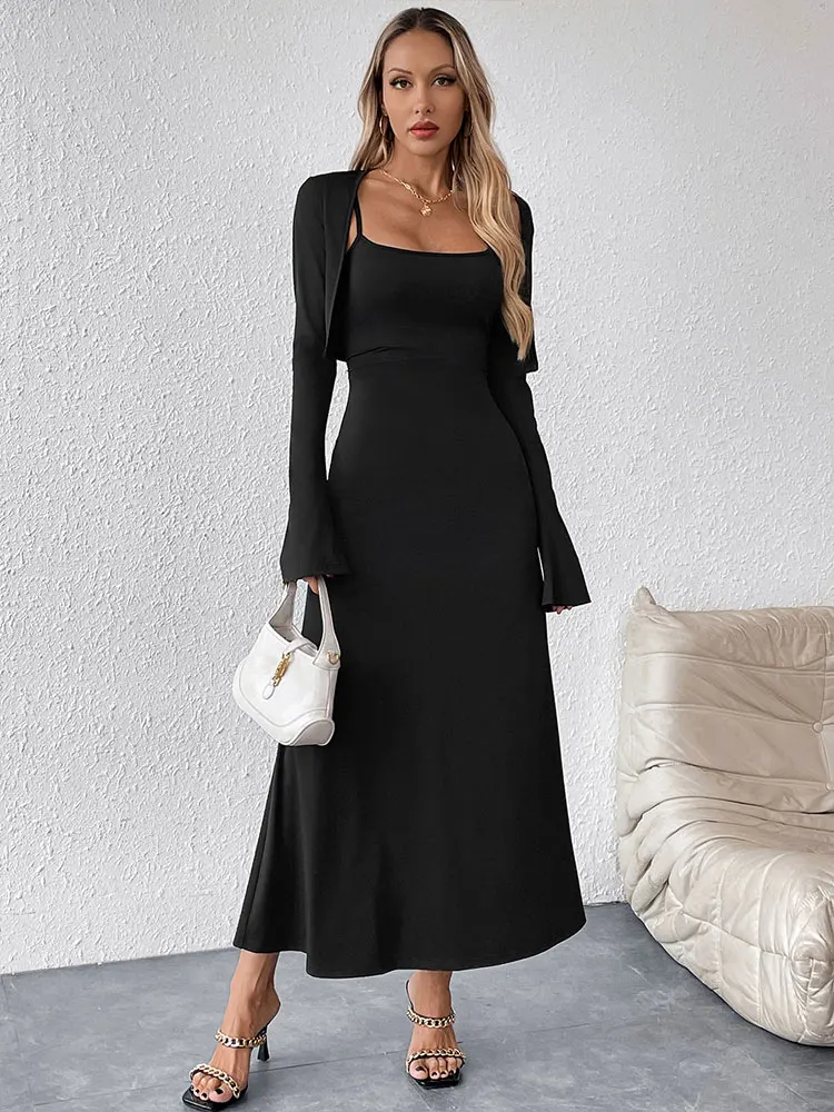 Spring New 2 Piece Women Sling Dresses ＆ Crop Shawl Black Sexy Female Casual Slim Maxi Dress Fashion Long Sleeves Shawl Dresses