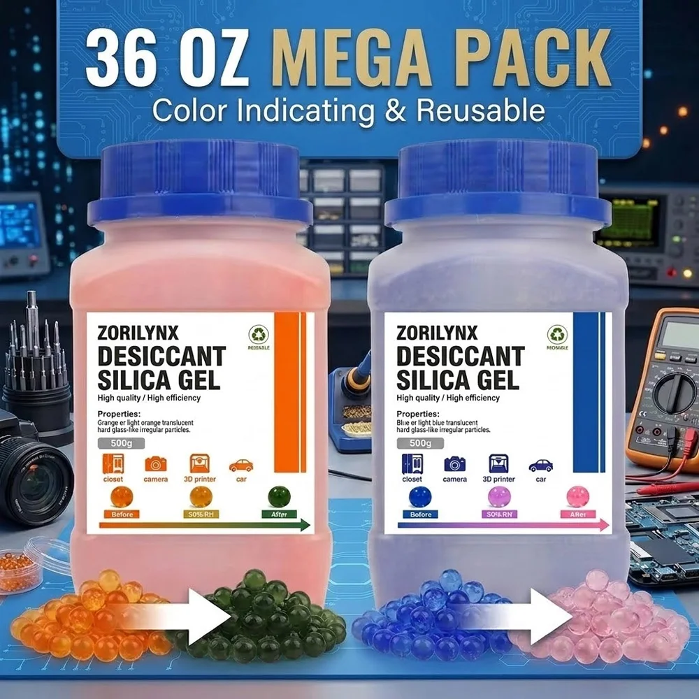 500g Perle di Gel di Silice Indicatore di Umidità Riutilizzabili, Assorbitore di Umidità, Deumidificatore per Elettronica, Filamenti, Fotocamere e Con