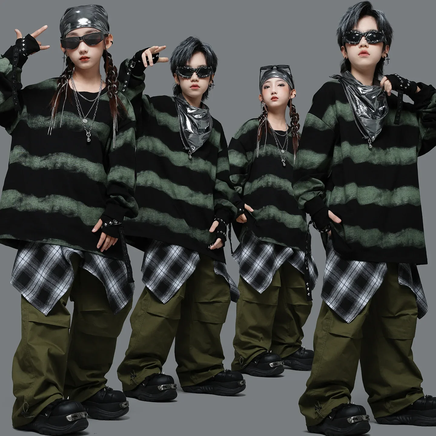 Kind Kpop Hip Hop Kleidung Schwarz Gestreiftes Sweatshirt Armee Grün Fallschirm Cargo Hosen für Mädchen Junge Street Dance Kostüme Kleidung