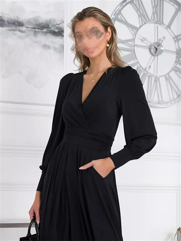 Long Evening Dresses Women Chiffon V-Neck Black Formal Dresses 2024 Full Sleeve Sexy Formal Cocktail Gown New فساتين الحفلات