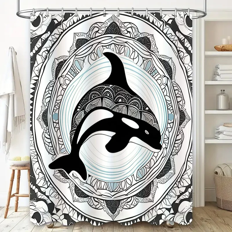 ستارة دش مزخرفة تتميز باللون الأسود والأبيض Orca Whale Artwork مثالية لديكور الحمام الحديث مقاس 72 × 84 بوصة (1-5 أعمال