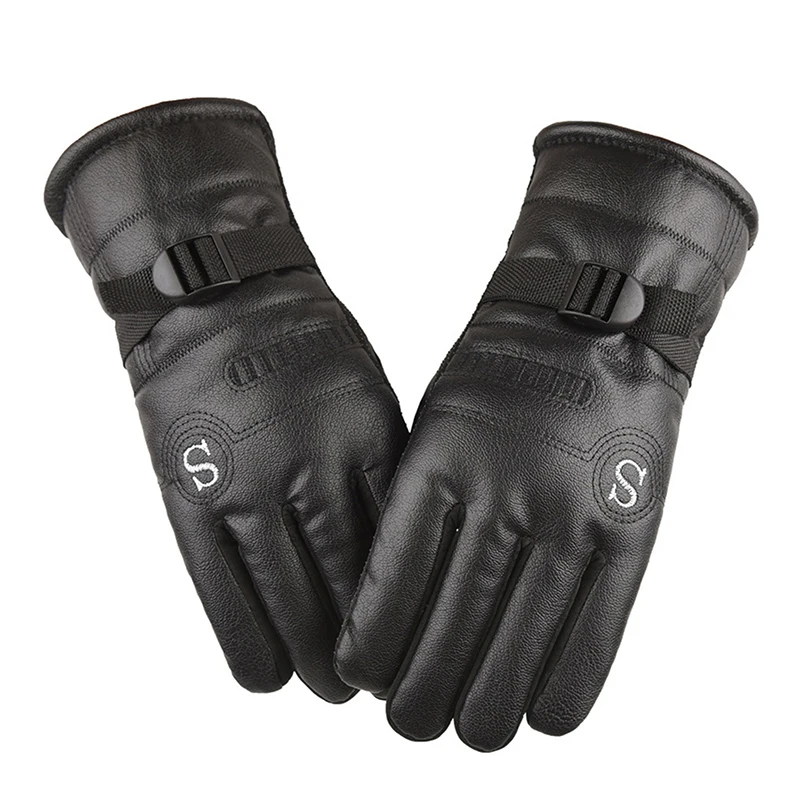 Gants coupe-vent en cuir PU pour hommes, mitaines chaudes à boutons, noir, sports de plein air, conduite, ski, fournitures d'hiver