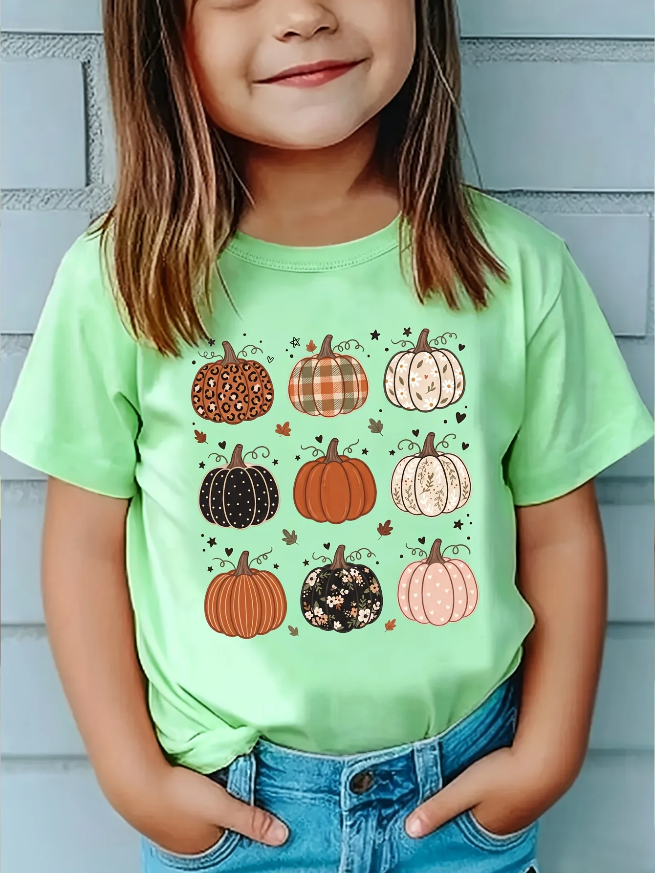 Thanksgiving Girls' Versatile Pumpkin Printed Creative Casual T-shirt Trendy Parent Child T-shirt Daily Outing Wear
